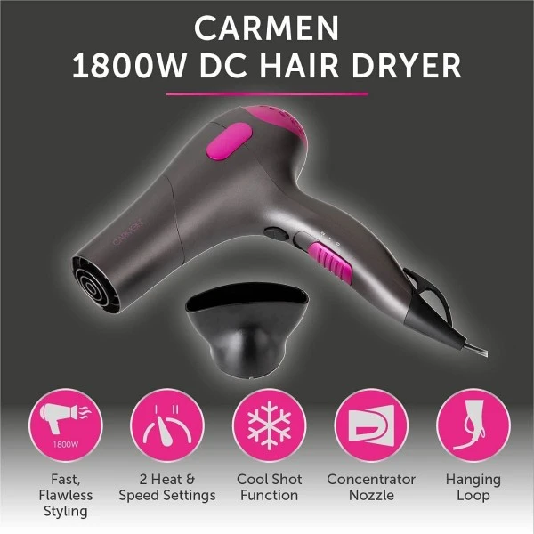 Carmen C81100 Neon 1800 Watts Graphite And Pink Hair Dryer 2 Carmen C81100 Neon 1800 Watts Graphite And Pink Hair Dryer - Image 2